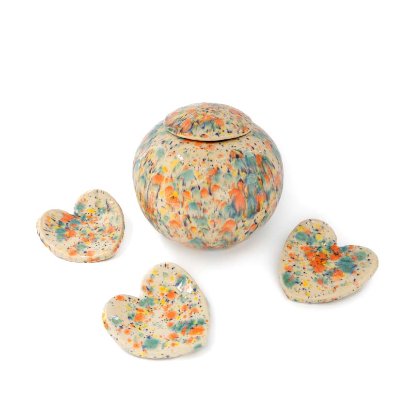 Middelgrote_midi_urn_urnen_keramiek_keramische_effectglazuur_geel_groen_oranje_deksel_waxinelichtje_kopen_bijzondere_unieke_handgemaakt_op_maat