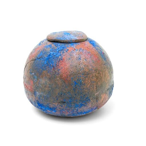 Middelgrote_urn_urnen_keramiek_rood_blauw_pigmenten_deksel_waxinelichtje_kopen_bijzondere_unieke_handgemaakt_op_maat